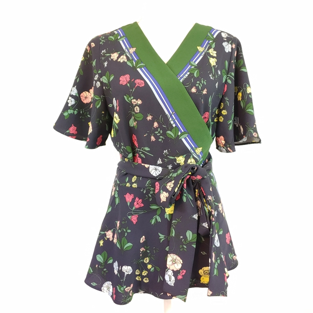 Ann Taylor Black Floral Wrap Top with Green Trim